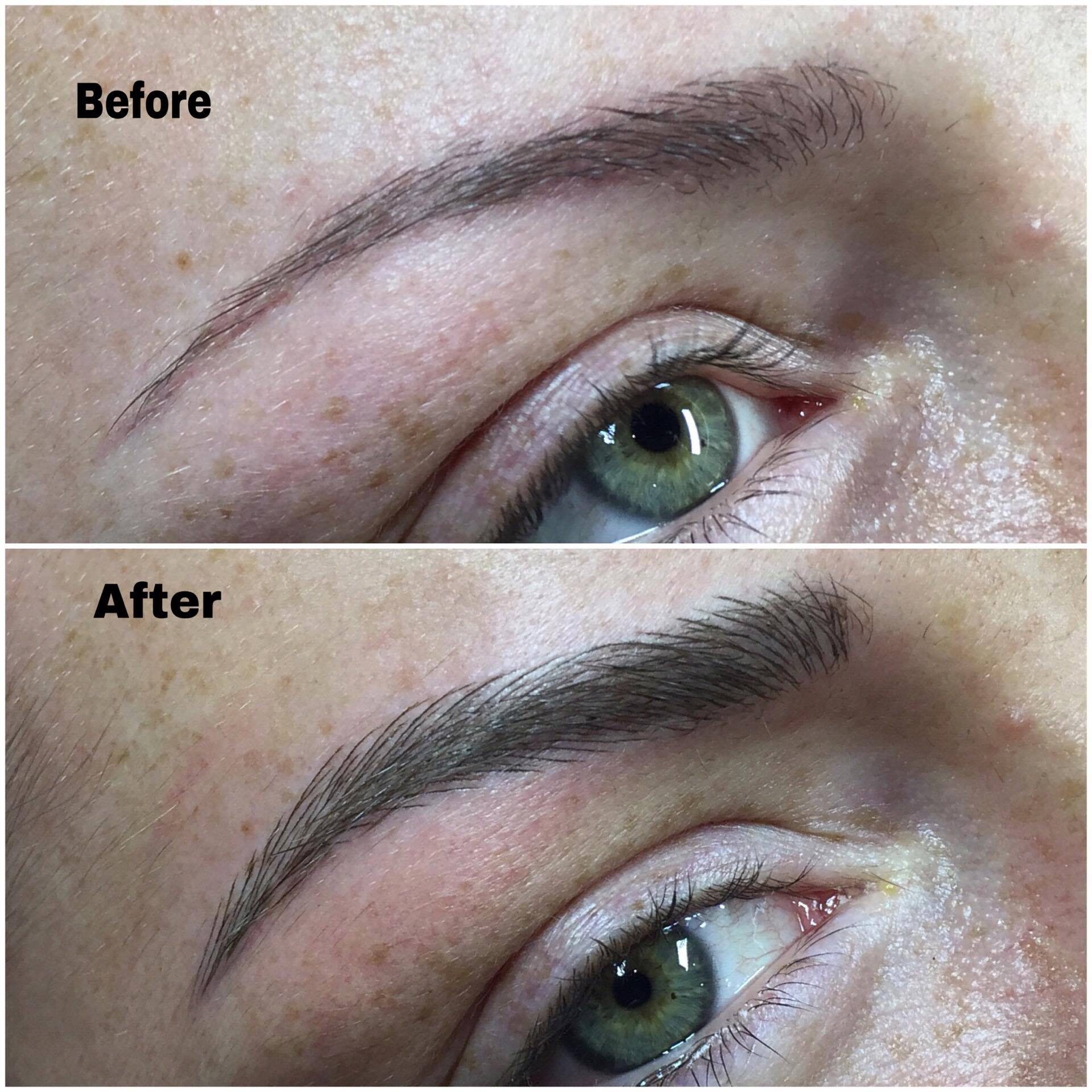 Before and after pictures of a woman's eyebrows.